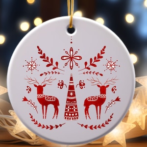Scandinavian Christmas Ornament, Folk Art, Vintage Nordic Art, Reindeer, Animals, Birds, Flowers,  Ceramic Ornament for Christmas