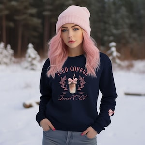 Coquette Sweatshirt, Iced Coffee Social Club, For Girly Coffee Lover, Pink bow Sleeve Print, Soft Girl Sweatshirt, Preppy Crewneck
