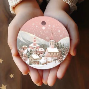 Pink Christmas Ornament, Pastel Christmas Ornament, Pink Christmas Village with Cathedral Christmas Ornament, Coquette Christmas Ornament