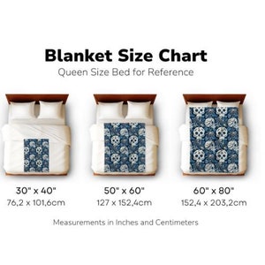 May include: A size chart for blankets, showing three different sizes: 30 inches by 40 inches, 50 inches by 60 inches, and 60 inches by 80 inches. Each size is shown on a queen-sized bed for reference. The chart also includes the measurements in centimeters.