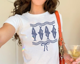 Sardine Baby Tee Coquette Sardine Shirt French Tinned Fish Coastal Downtown Girl Summer Shirt Tomato Girl Anchovies Vintage 90's Aesthetic