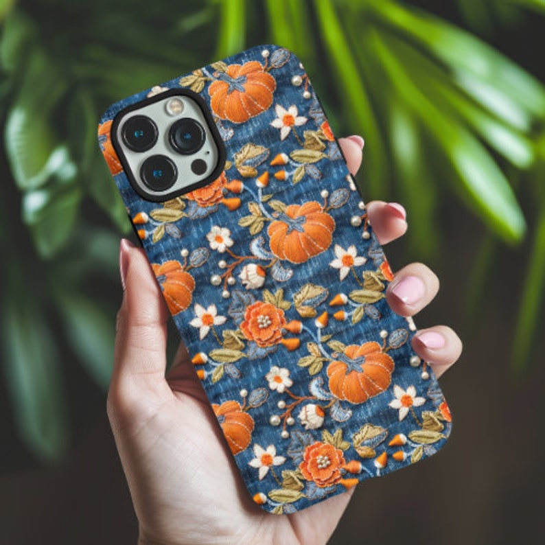 Pumpkin Phone Case, Faux Denim Faux Embroidery Fall Cell Phone Case, Unique Phone Cover, Cute iPhone, Google Pixel, Samsung Phone Cases image 4