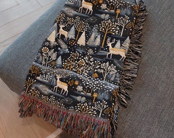 Scandinavian Winter Folk Art Woven Blanket Vintage Nordic Art Tapestry Deer In Forest Scandi Christmas Design Woven Blanket Hygge Blue Throw