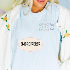 Embroidered Comfort Colors® Shirt Easter T-shirt Eater Bunny Shirt for Women Cute Easter Tee Pastel Women&#39;s embroidered Easter shirt