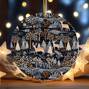 3D, Scandinavian Christmas Ornament, Vintage Nordic Art, Folk Art, Reindeer, Trees, Winter Forest, Ornament for Christmas, Ornament Exchange