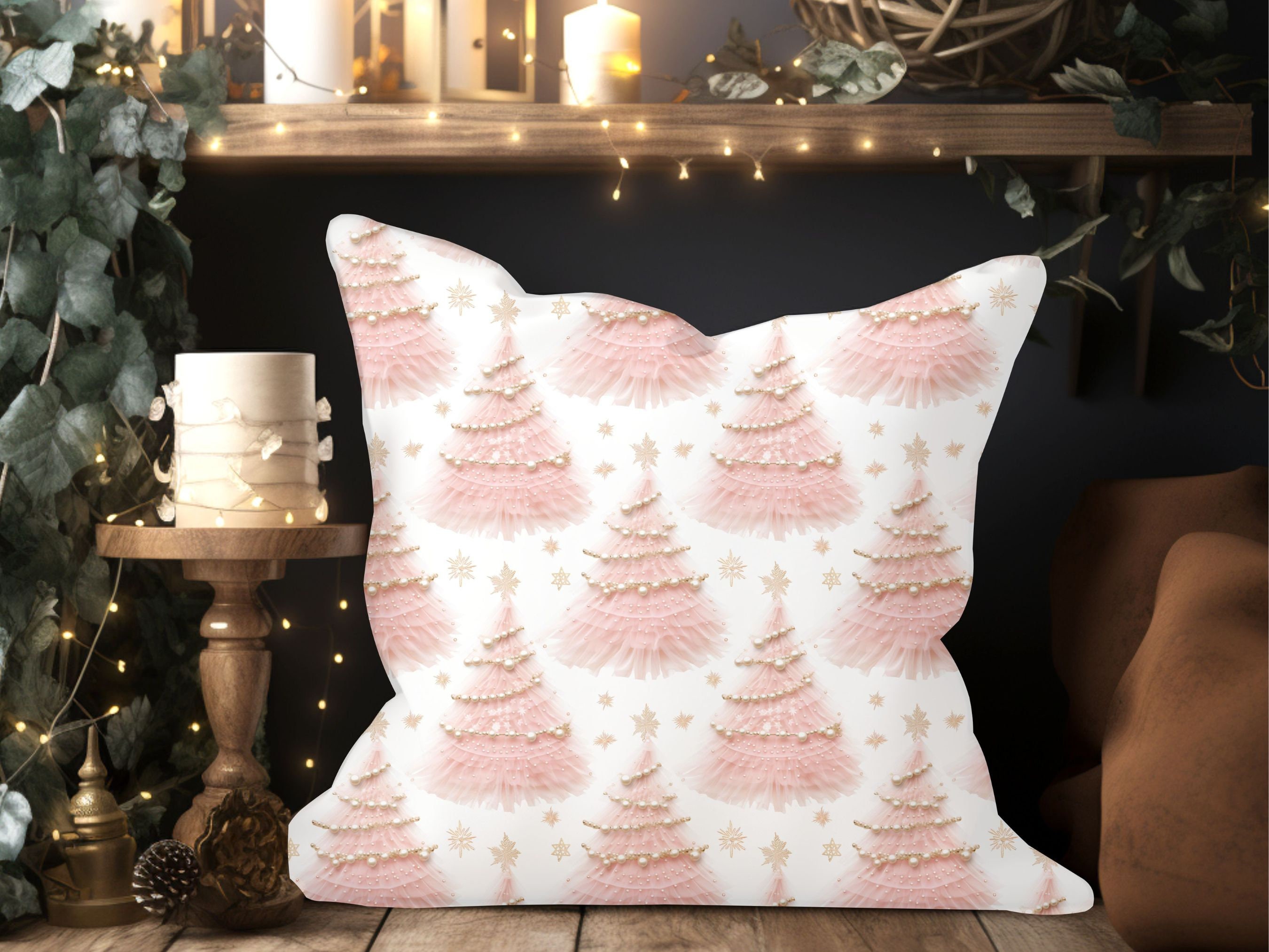 Christmas Decor Holiday Decor Home Decor Pink Christmas Aesthetic 3D and Faux Embroidery Design Spun Polyester Square Pillow and Cover Etsy