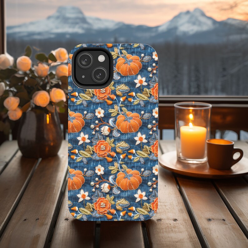 Pumpkin Phone Case, Faux Denim Faux Embroidery Fall Cell Phone Case, Unique Phone Cover, Cute iPhone, Google Pixel, Samsung Phone Cases image 5