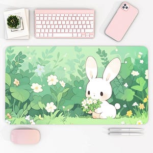 Kawaii Bunny Green Desk Mat Bunny Desk Pad Lofi Desk Mat Cute Desk Accessory Kawaii Desk Decor Gaming Pad Lofi Desk Mat Cartoon Animal