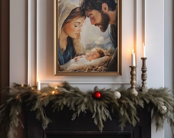 May include: A framed painting of the Holy Family, Mary, Joseph, and baby Jesus, with a Christmas garland and candles on a fireplace mantel.