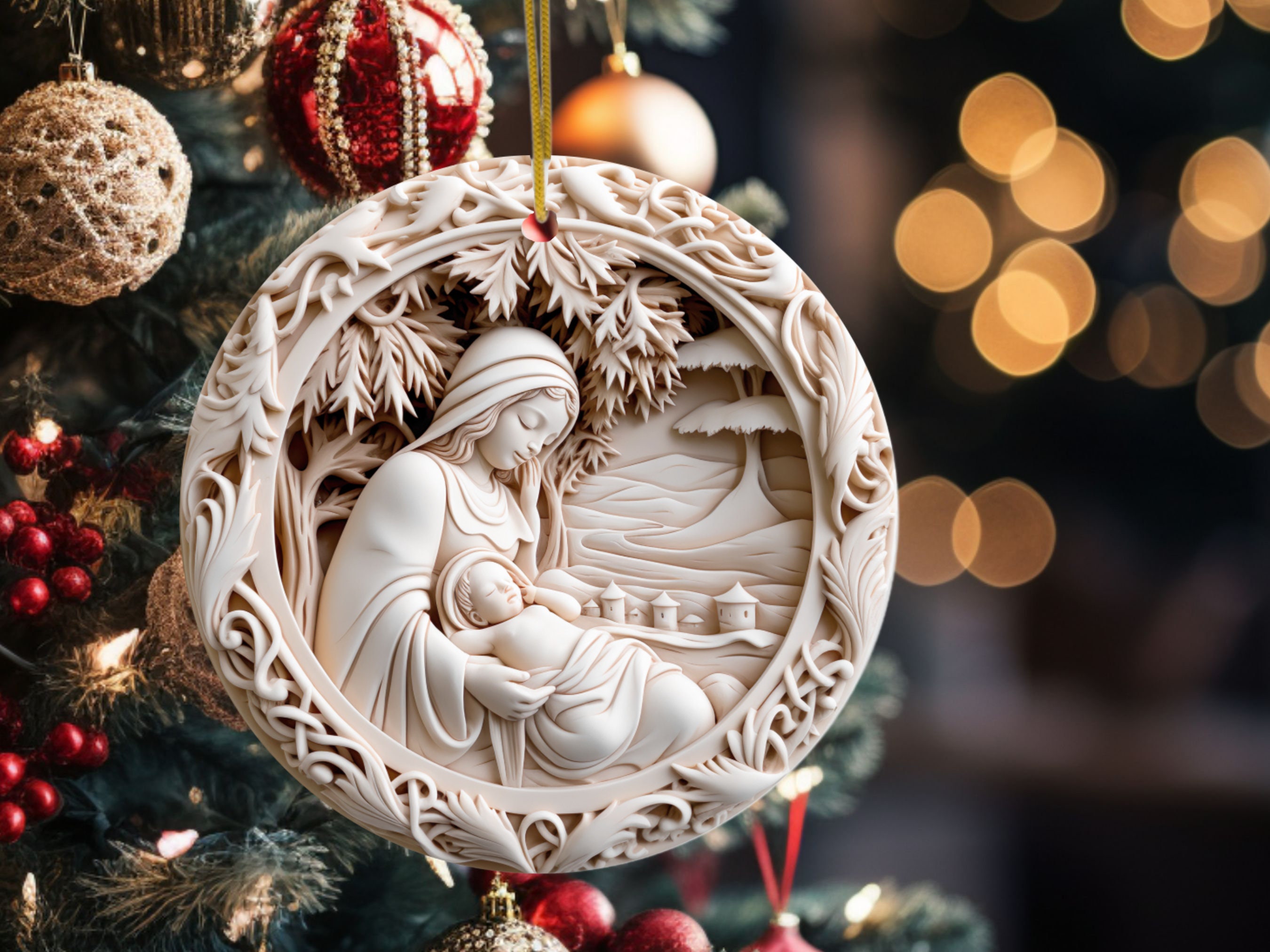 キリスト降誕のクリスマスオーナメント、聖母マリアと幼子イエス、キリスト教のオーナメント、3D効果、宗教的な贈り物、オーナメント交換ギフト - Etsy  日本, image size:2700x2025