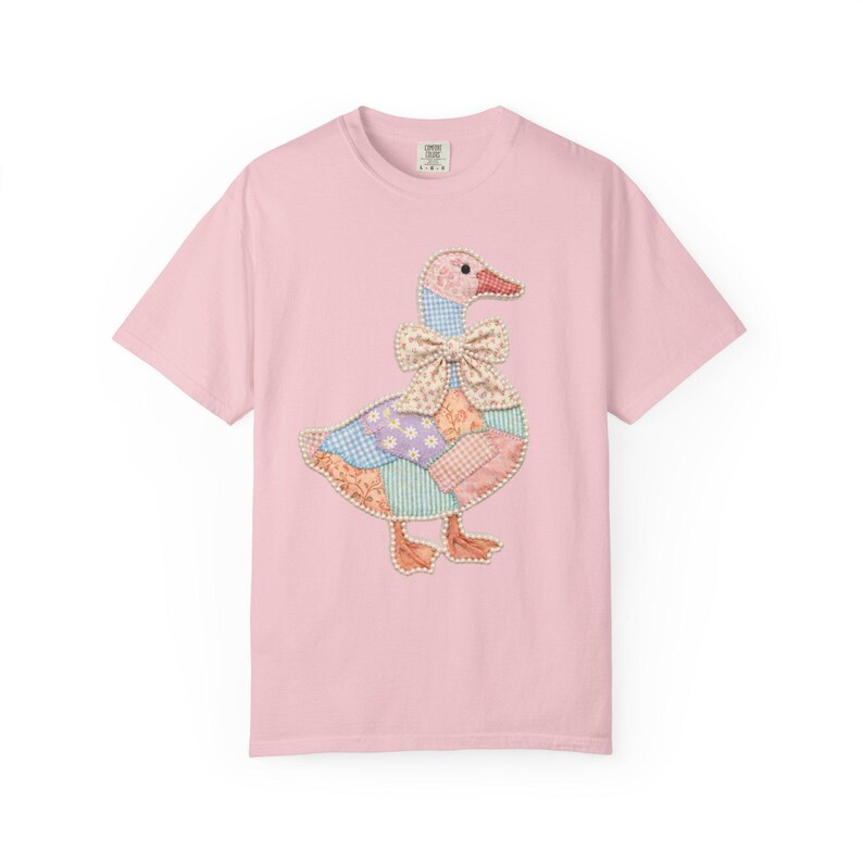 Comfort Colors Faux Patchwork Goose Shirt, Grandmacore Goose Graphic Tee, Cottagecore Bow Shirt, Vintage Cute Goose, Spring Tee for Women Blossom