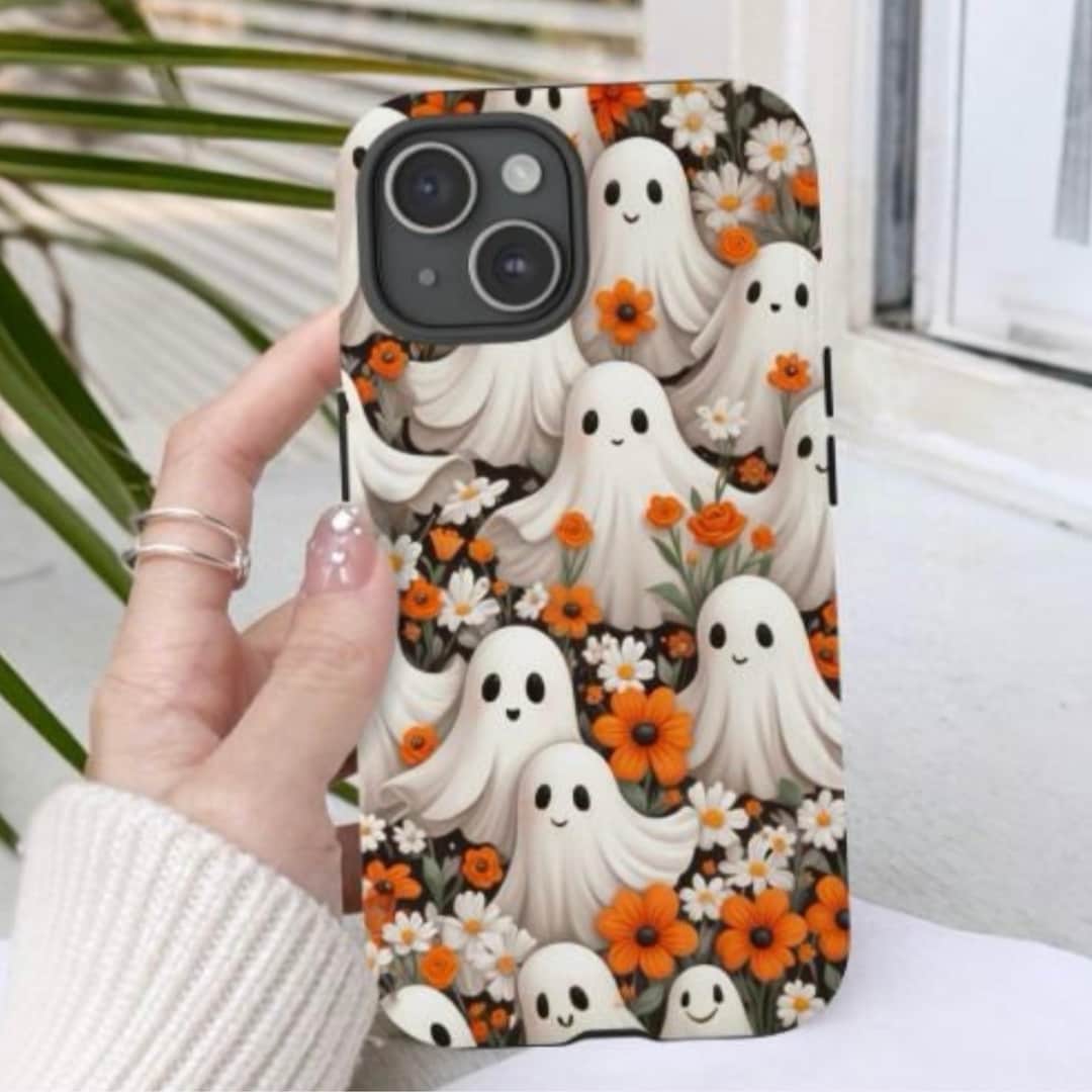 Cute Ghost Phone Case, Halloween Ghosts and Floral Cell Phone Case for  iPhone 15 and More, Google Pixel, Samsung Phone Cases, Tough Case