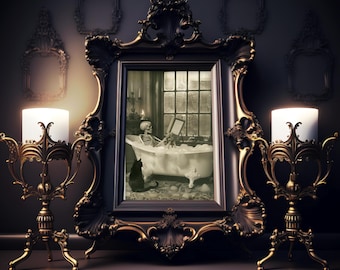 May include: A decorative black and gold framed mirror with an image of a skeleton in a bathtub, a black cat, and two ornate candle holders with lit candles. The mirror and candle holders are on a dark surface.