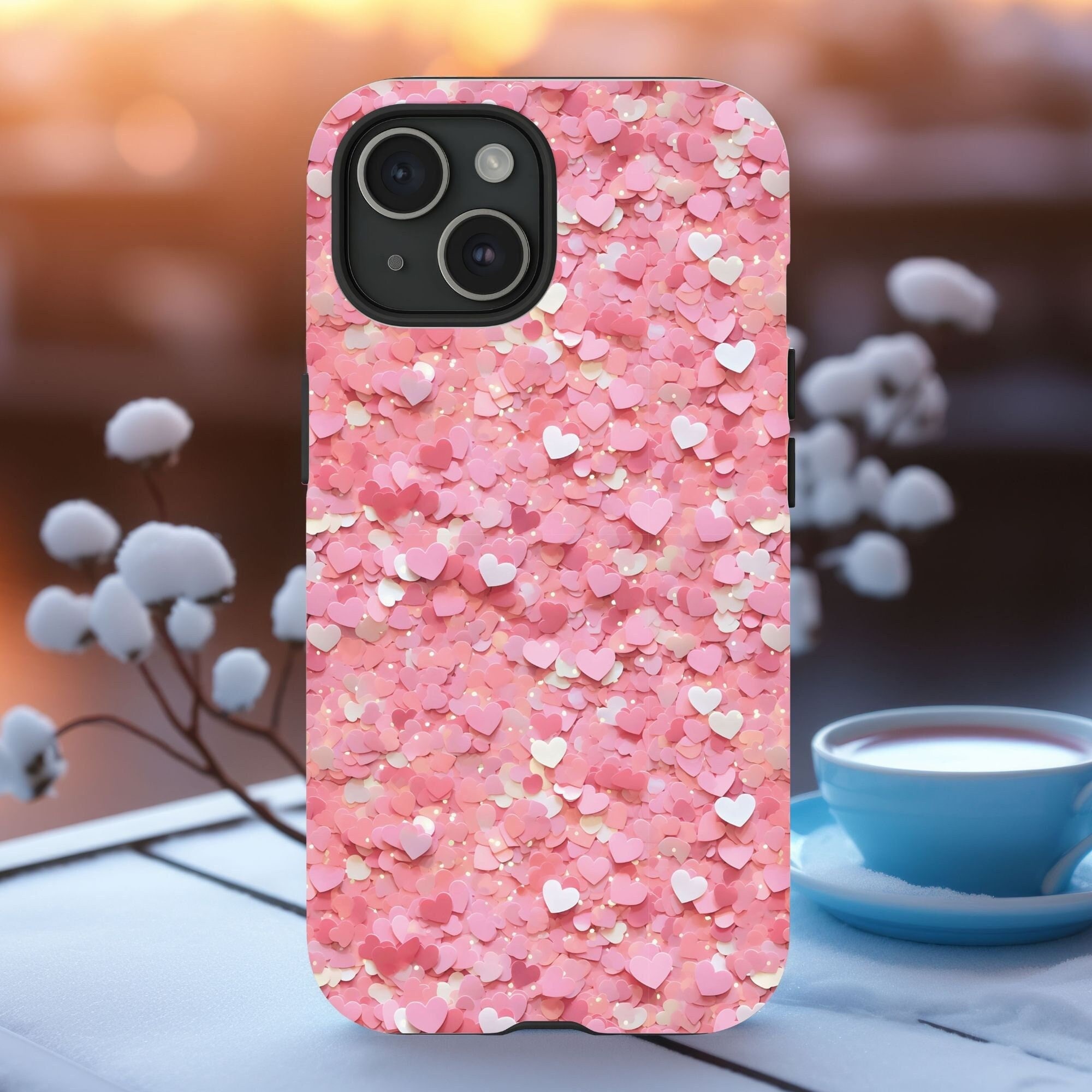 Sequin Pink Hearts Effect Phone Case, Cute Heart Phone Case, Gift for Her, Valentine Phone Case, iPhone Case, Samsung Case, Pixel Case