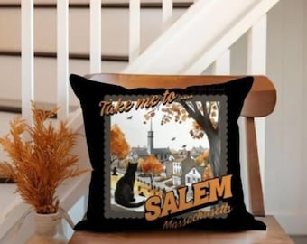 Salem Massachusetts kudde, Halloween kudde, häxa, svart katt kudde, höst estetisk dekor, Halloween heminredning