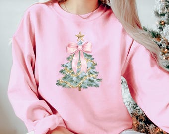 Coquette Christmas Tree Bow Sweatshirt Women's Christmas Crewneck Girly Bow Shirt Christmas Tree Pink Bow Christmas Lights Watercolor Tree