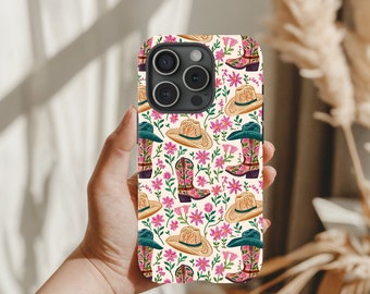 カウガール フォンケース、カントリー ウエスタン フォンケース、フェイク刺繍カウガール ブーツ、帽子、携帯電話ケース、iPhone、Samsung、Pixel フォンケース