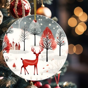 スカンジナビアのクリスマスオーナメント、鹿、木、家のある冬の森、フォークアート、ヴィンテージ北欧アート、クリスマスのオーナメント、ホリデーギフト