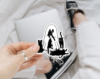 Cute Ghost and Cat Sticker, Ghost Holding Black Cats, Halloween Sticker, Cat Lover Gift, Funny Ghost Sticker, Funny Cat Sticker, Vinyl Decal