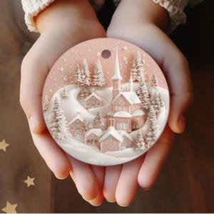Pink Christmas Ornament, Pink 3D Christmas Village Ornament, Ceramic Ornament Pink with Ivory Villiage, Pink Coquette Christmas Decor