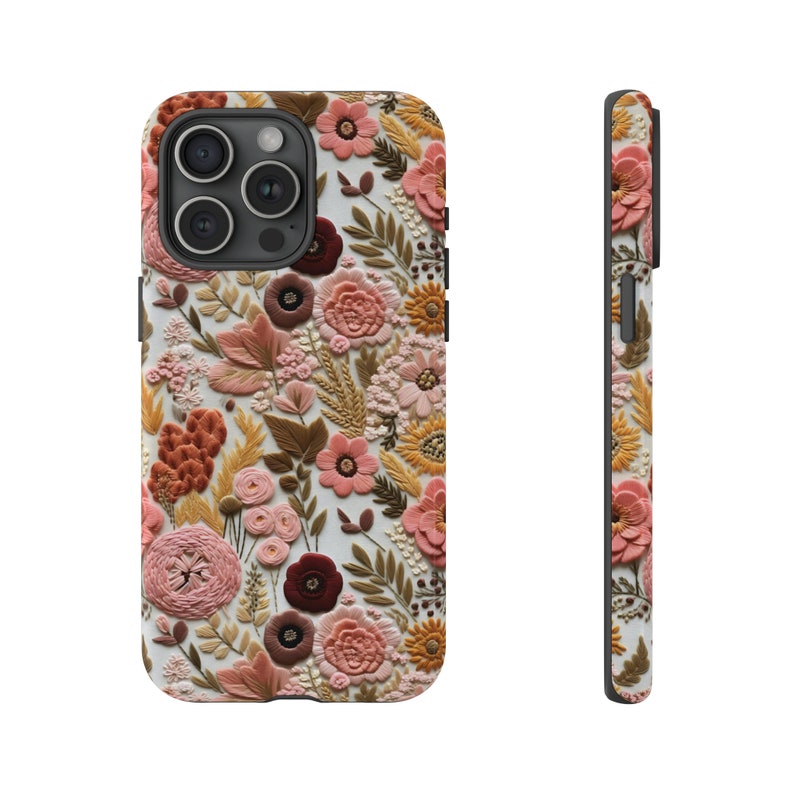 Floral Faux Embroidery Phone case, Boho Flowers, 3D, Embroidered Phone Case Effect, iPhone Case, Samsung Phone Case, Pixel Phone Case, Cute image 5