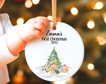 Gepersonaliseerde baby's eerste kerstornament, bosdieren, eerste kerstornament 2023, cadeau voor nieuwe baby, aangepast kerstornament