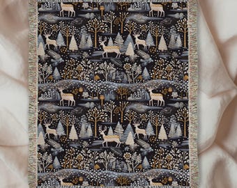 Scandinavian Winter Folk Art Woven Blanket Vintage Nordic Art Tapestry Deer In Forest Scandi Christmas Design Woven Blanket Hygge Blue Throw