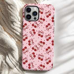 Coquette Cherries with Bows Phone Case Cute Cherries Pattern Cherry Lover Gift for Her Valentines Day Preppy Cell Phone Case Soft Girl