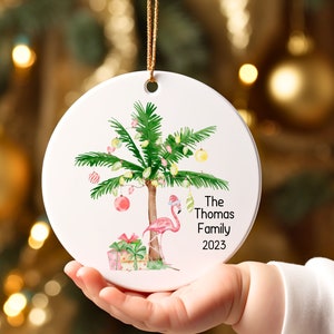 Personalized Beach Christmas Ornament, Palm tree, Flamingo, Tropical, 2023 Family ornament, Florida, Hawaii, Ocean, Gift Idea