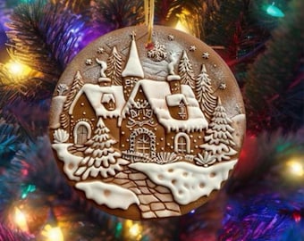 Enfeite de Natal com efeito 3D de biscoito de casa de gengibre, lindo design de pão de gengibre de Natal, enfeites de Natal, lembrança de família