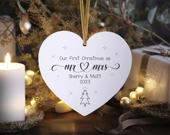 Personalized Wedding Ornament First Christmas Married 100% Ceramic Heart Shaped Ornament for Newlyweds