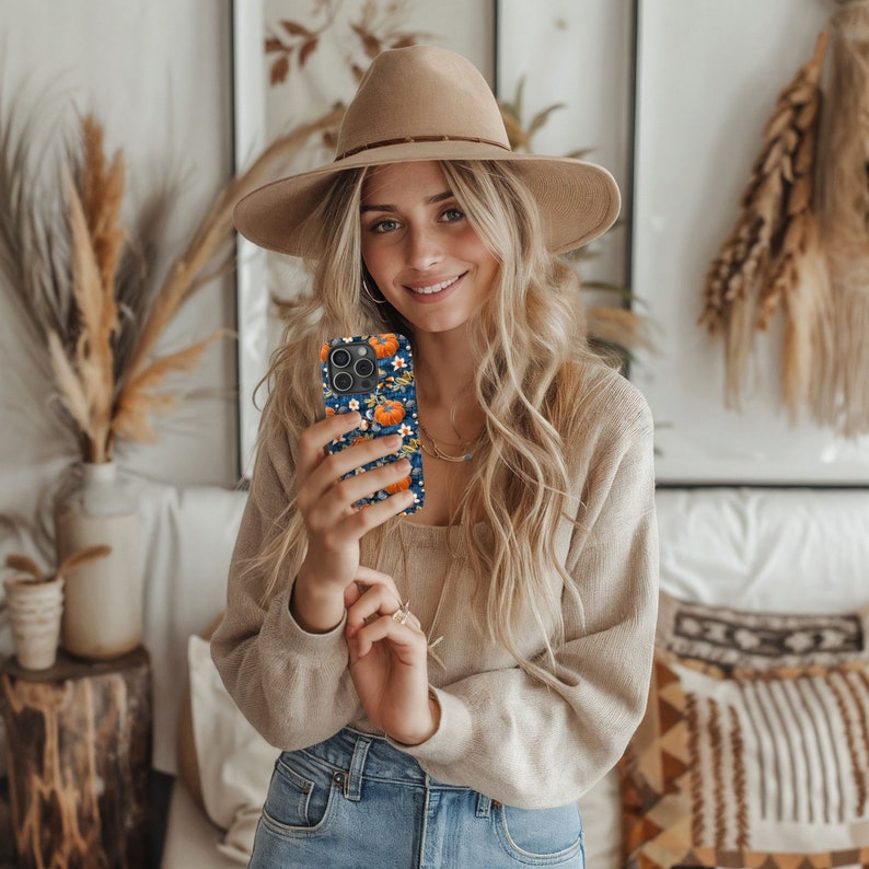 Pumpkin Phone Case, Faux Denim Faux Embroidery Fall Cell Phone Case, Unique Phone Cover, Cute iPhone, Google Pixel, Samsung Phone Cases image 7