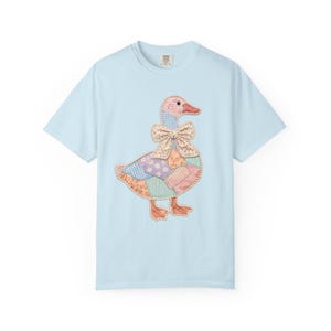 Comfort Colors Faux Patchwork Goose Shirt, Grandmacore Goose Graphic Tee, Cottagecore Bow Shirt, Vintage Cute Goose, Spring Tee for Women Chambray