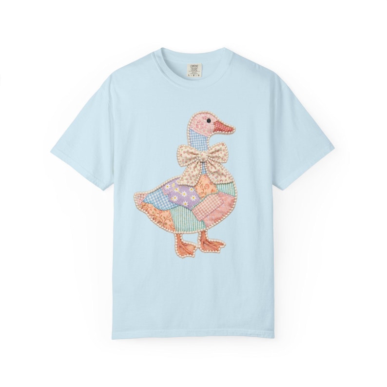 Comfort Colors Faux Patchwork Goose Shirt, Grandmacore Goose Graphic Tee, Cottagecore Bow Shirt, Vintage Cute Goose, Spring Tee for Women Chambray