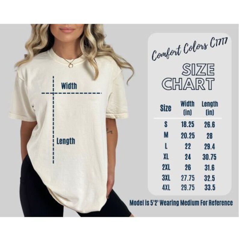 May include: Size chart for a t-shirt with measurements in inches. The chart shows the width and length of the shirt in sizes S, M, L, XL, 2XL, 3XL, and 4XL. The model is 5'2" and wearing a size Medium for reference.