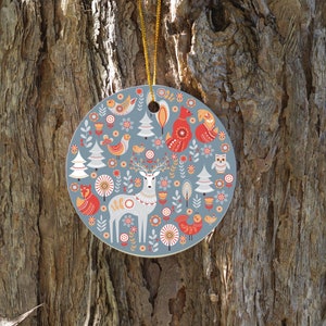 Scandinavian Christmas Ornament, Vintage Nordic Art, Folk Art, Animals, Birds, Flowers, and Trees Ornament for Christmas, Ornament Exchange