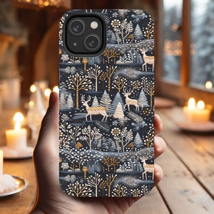 3D Nordic Christmas, Faux Embroidery, Scandinavian Christmas Reindeer in Forest Phone Case for iPhone, Samsung, and Google Pixel, Tough Case