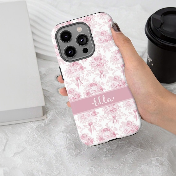 Personalized Coquette Phone Case, Pink Damask Roses Bows Cell Phone Case, Gift for Girls Preppy Phone Cover iPhone 17, Samsung 25