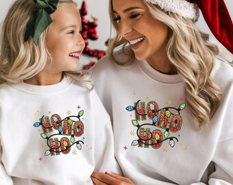 Christmas Lights Sweatshirt Sparkly Faux Glitter Embroidery Ho Ho Ho Matching Family Shirts Holiday Pullover