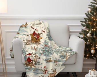 Christmas Blanket, Custom Toile de Jouy Christmas Throw Blanket, Vintage Christmas Throw, Vintage Santa Throw Blanket, Christmas Decor