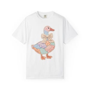 Comfort Colors Faux Patchwork Goose Shirt, Grandmacore Goose Graphic Tee, Cottagecore Bow Shirt, Vintage Cute Goose, Spring Tee for Women White
