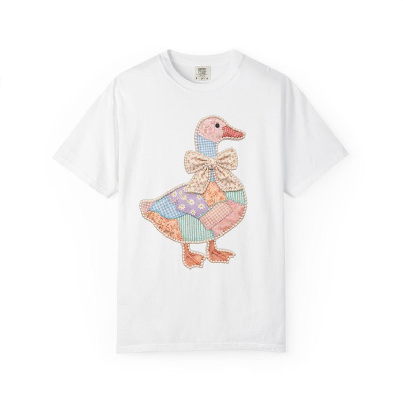 Comfort Colors Faux Patchwork Goose Shirt, Grandmacore Goose Graphic Tee, Cottagecore Bow Shirt, Vintage Cute Goose, Spring Tee for Women White