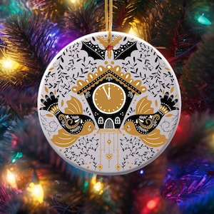 Scandinavian Christmas Ornament, Vintage Nordic Art, Folk Art, Birds with Vintage Clock, Ornament for Christmas, Ornament Exchange