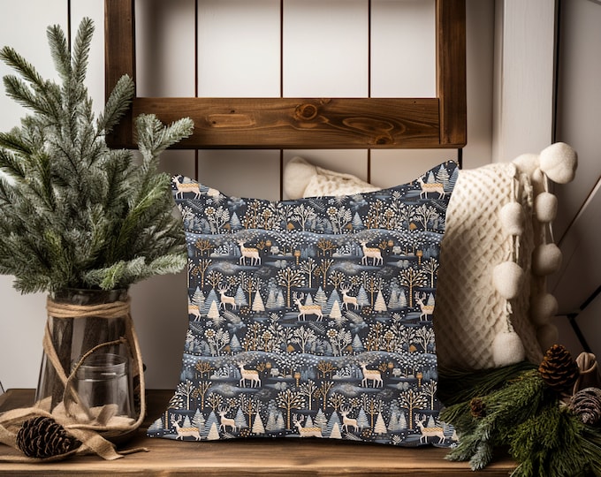 Scandinavian Winter Folk Art, Vintage Nordic Art, Deer in a Forest, Scandi Christmas Design with 3D and Embroidery Effect Pillow and Case