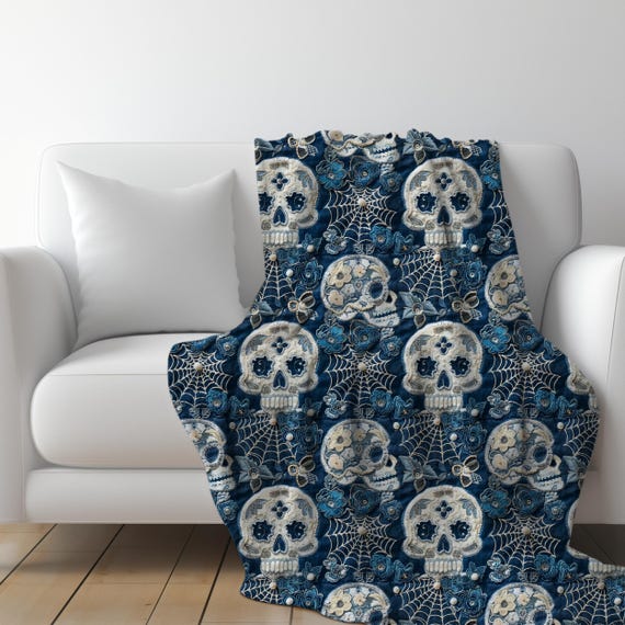 Skull Throw Blanket, Skeleton Gothic Throw Blanket, Faux Denim, Embroidery, and Lace Skulls Throw Blanket, Sugar Skulls Couch Throw