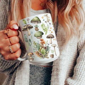 Boho Mushroom Coffee Mug, Pressed Flowers Mug, Cottagecore Nature Mug, Botanical Tea Cup, Flora, Garden Lover, Gift for Her