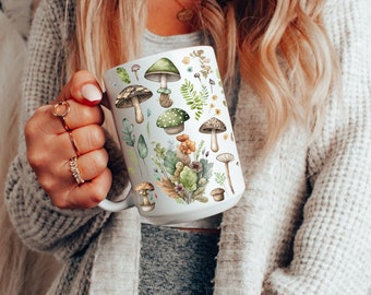 Taza de café con diseño de hongos boho, taza con flores prensadas, taza con motivos naturales de estilo cottagecore, taza de té botánica, regalo para amantes de la flora y los jardines
