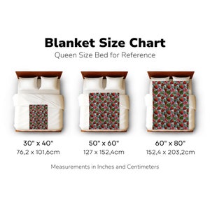 May include: A size chart for blankets, showing three different sizes: 30 inches by 40 inches, 50 inches by 60 inches, and 60 inches by 80 inches. Each size is shown on a bed with a queen-sized mattress for reference. The blankets are all patterned with strawberries and leaves.
