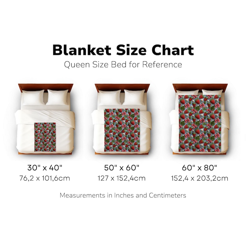 May include: A size chart for blankets, showing three different sizes: 30 inches by 40 inches, 50 inches by 60 inches, and 60 inches by 80 inches. Each size is shown on a bed with a queen-sized mattress for reference. The blankets are all patterned with strawberries and leaves.