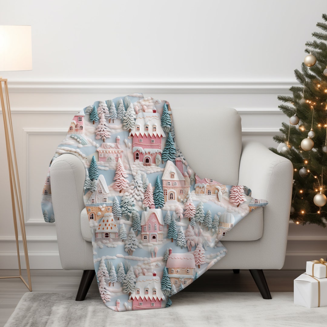 Christmas Village Blanket, Pastel Winter Village Throw Blanket With 3D
